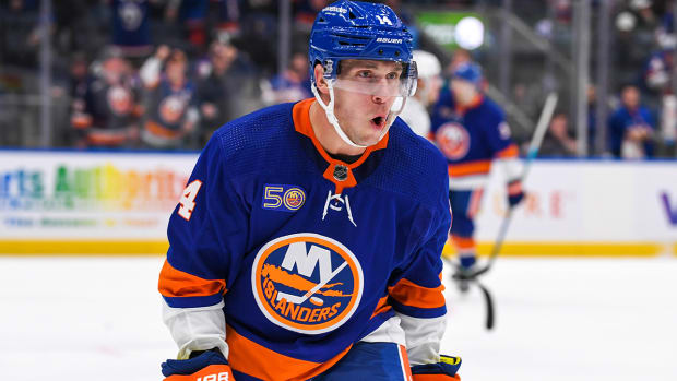 New York Islanders center Bo Horvat (14) celebrates his goal against the Vancouver Canucks.